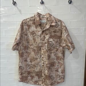 Vintage Orvis Camp Shirt Aviation Print Large Mail Passport Stamp World Map